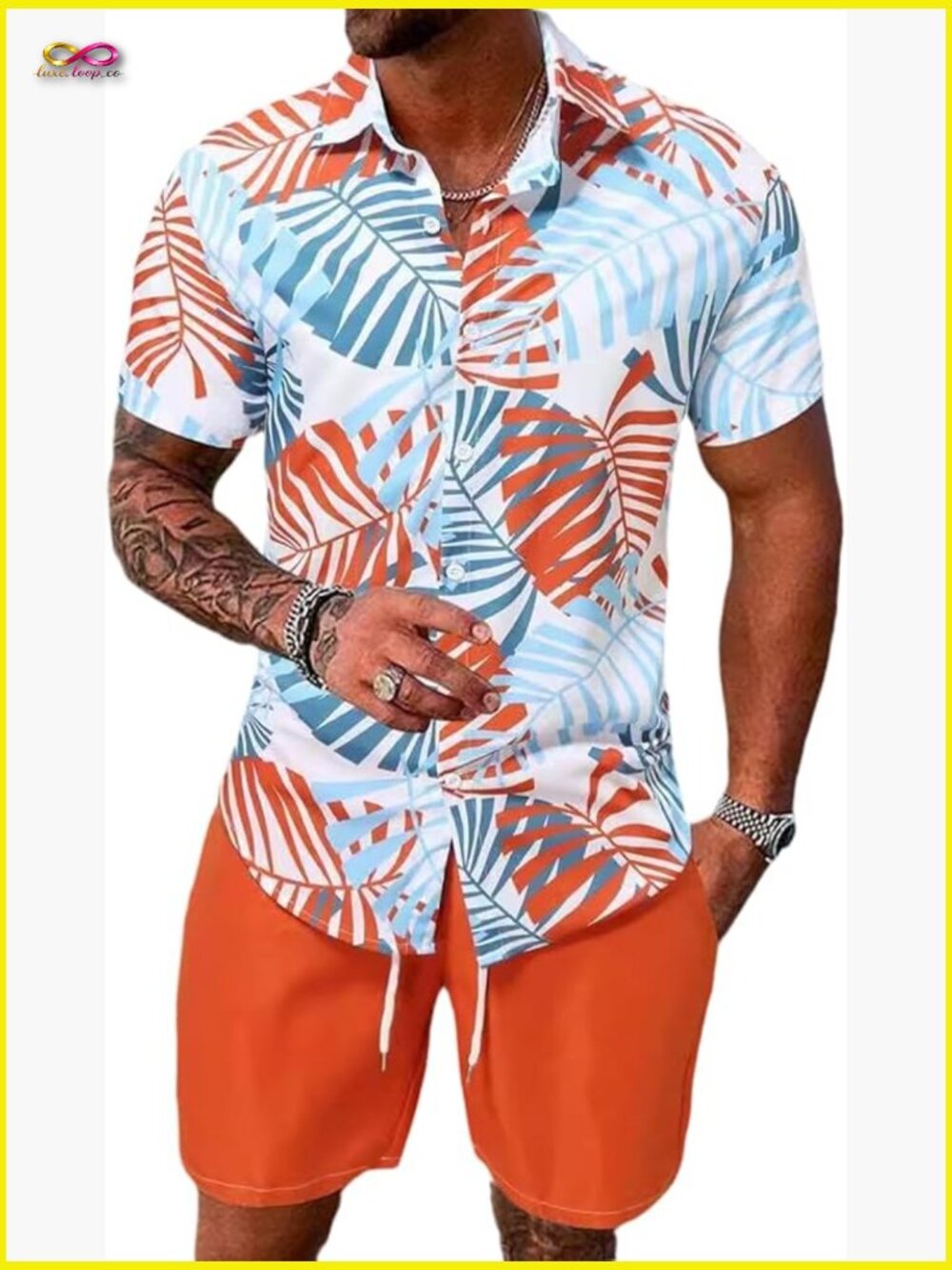 Men's Tropical Print Short Sleeve Button Down Shirt and Shorts Set Summer Beach